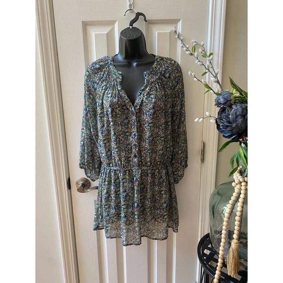 Womens 3/4 Sleeve Tunic Large Button Front Navy Floral by Mossimo - Picture 1 of 9